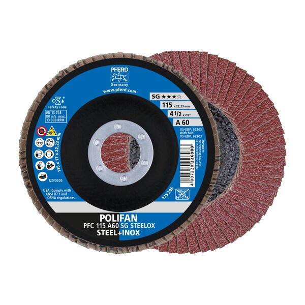 Pferd 4-1/2" x 7/8" A.H. POLIFAN Flap Disc - A SG STEELOX, Aluminum oxide, 60 Grit, Conical 62203 - main